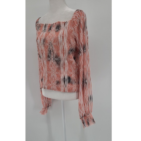 Anthropologie Coquette Smocked Square Neck Blouse Large Long Sleeve Pink Fairy - Picture 5 of 13
